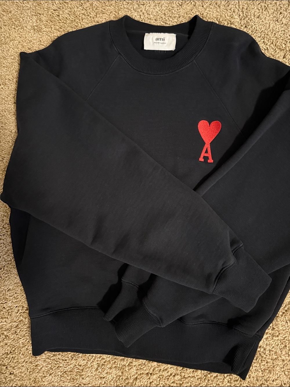 Ami Black Crewneck with Red Heart A Patch Men L